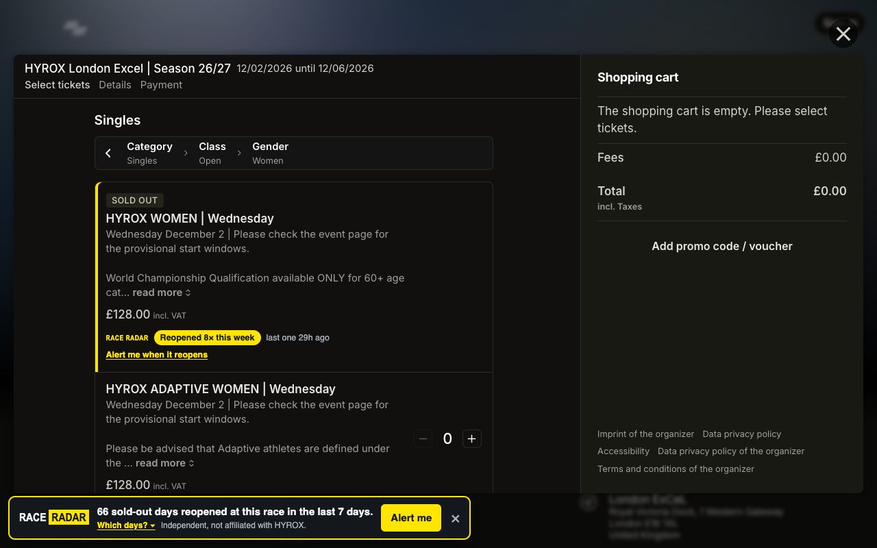 HYROX's official ticket picker with a Race Radar label on a sold-out ticket: Reopened 8× this week, last one 29h ago, with an Alert me when it reopens link