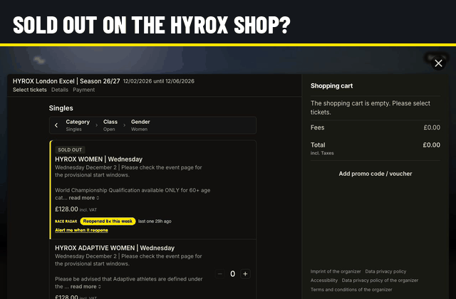 Race Radar on HYROX's official shop: each ticket labelled with how often it came back this week, weekly totals on the Singles, Doubles and Relay buttons, and which days reopened