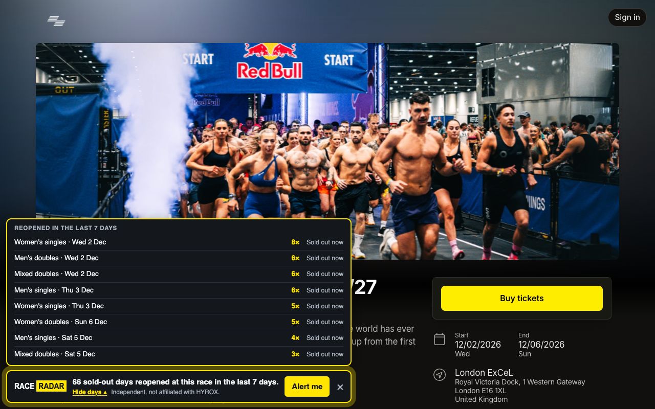A HYROX race page with the Race Radar bar listing which divisions and days reopened in the last 7 days